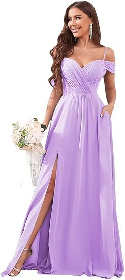 Off Shoulder Sling Bridesmaid Dress with Pockets Long Chiffon Formal Gown