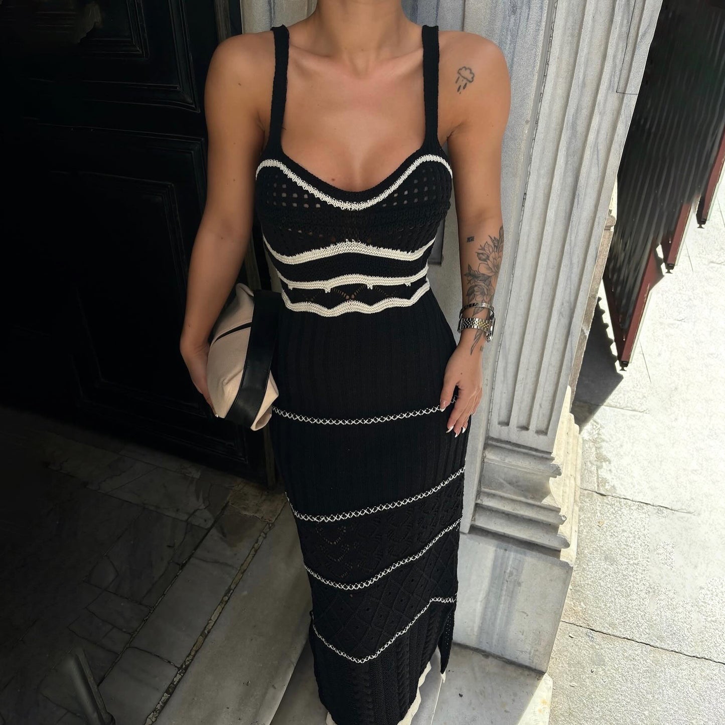 Off-Shoulder Striped Knit Long Dress