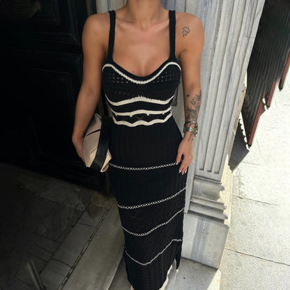Off-Shoulder Striped Knit Long Dress