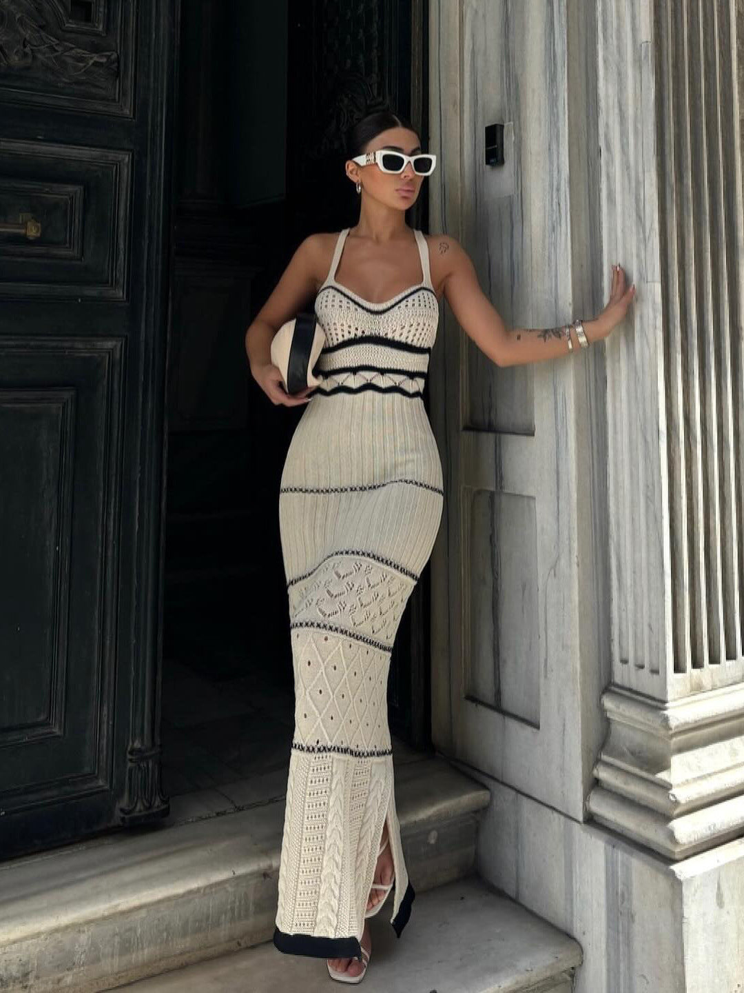 Off-Shoulder Striped Knit Long Dress