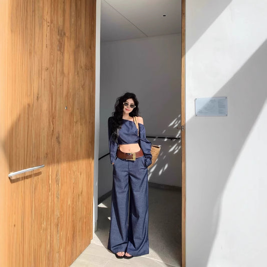 Off-Shoulder Top and High-Waisted Wide-Leg Pants