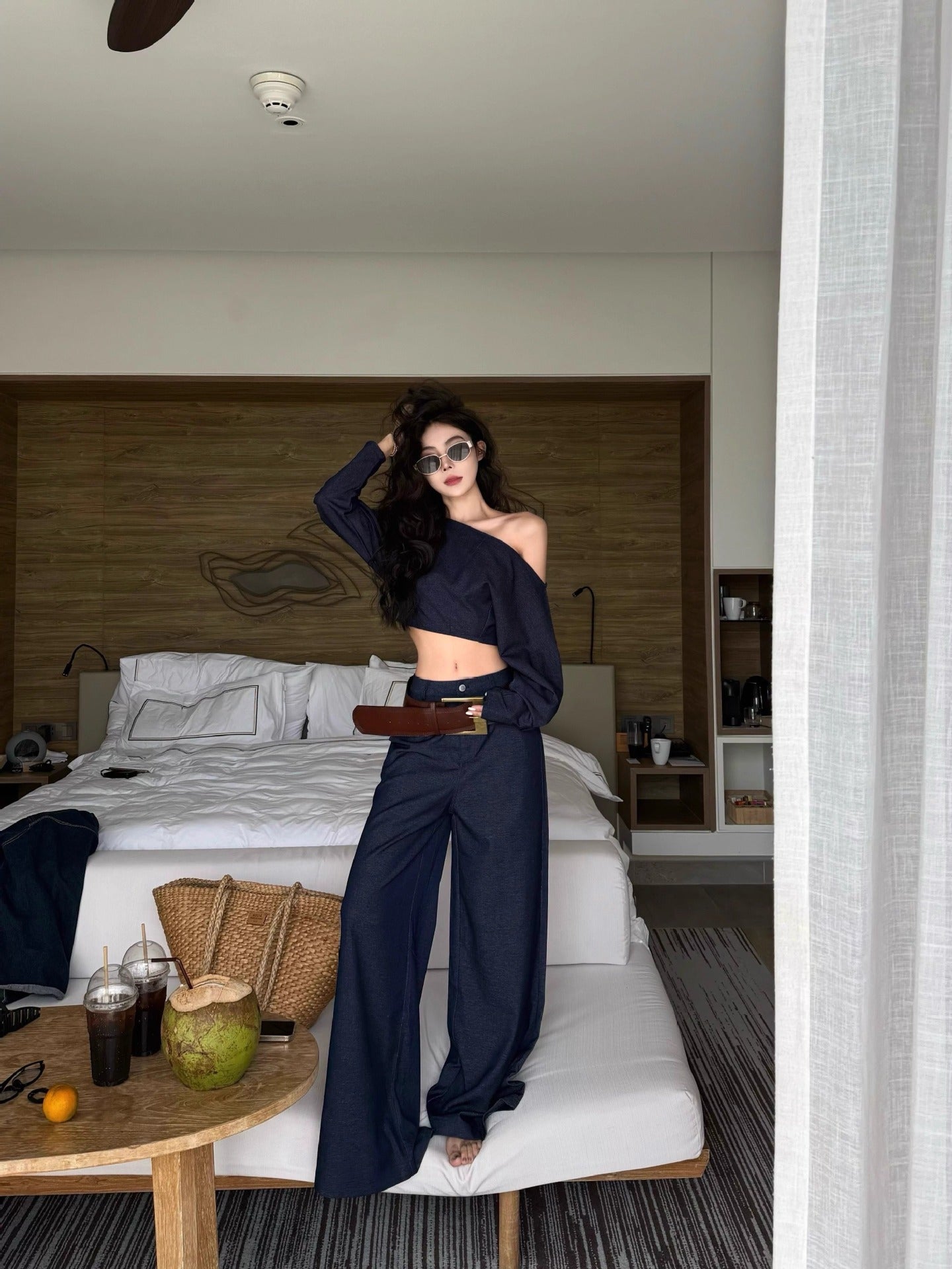 Off-Shoulder Top and High-Waisted Wide-Leg Pants