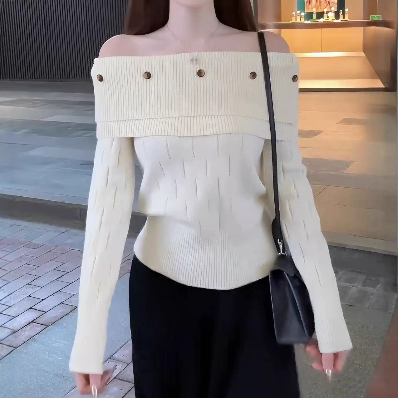 Off-the-shoulder long-sleeved knit top
