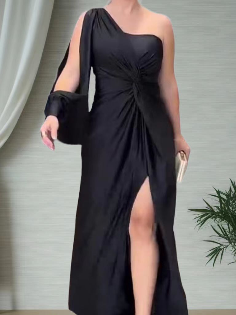 Off-the-shoulder slit fitted dress