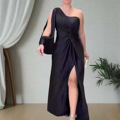Off-the-shoulder slit fitted dress