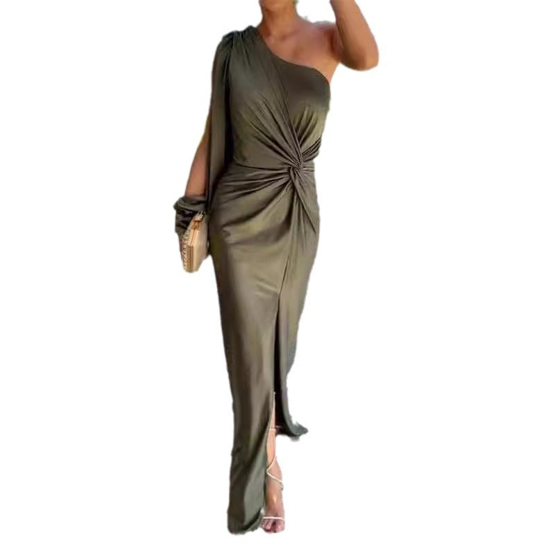 Off-the-shoulder slit fitted dress