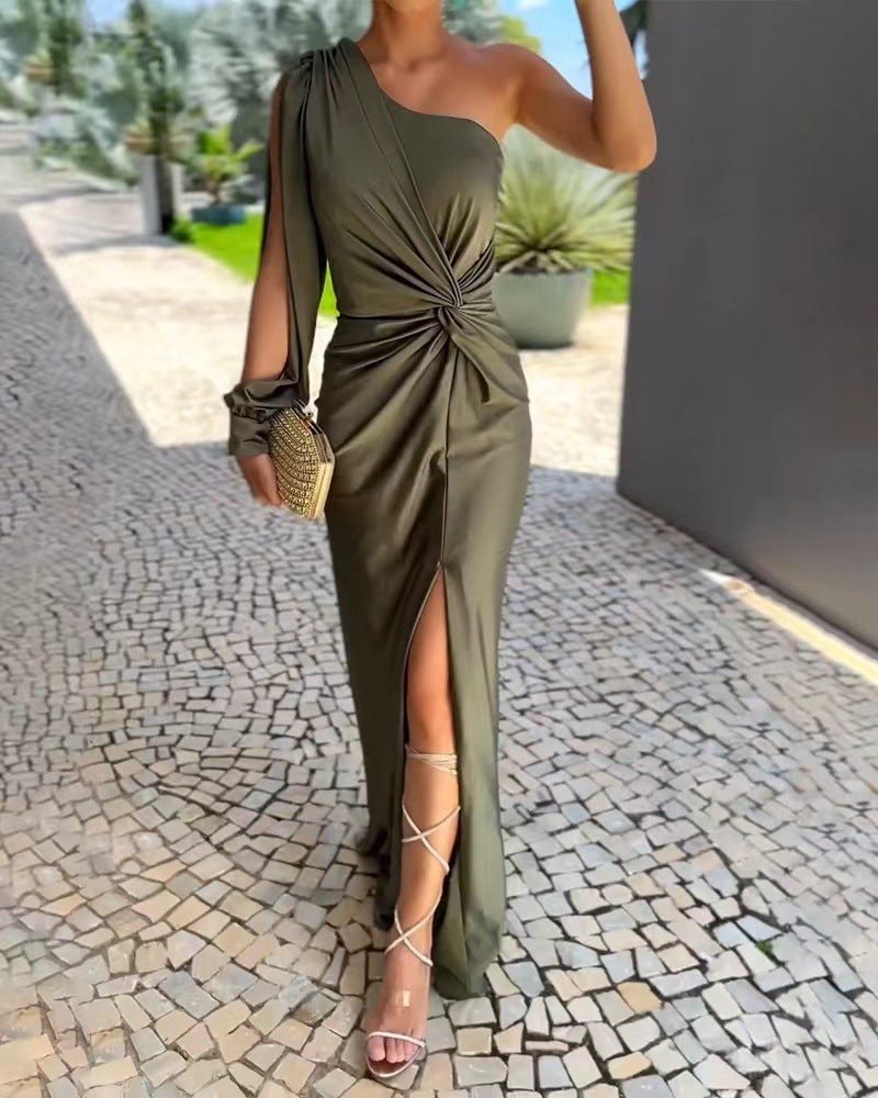 Off-the-shoulder slit fitted dress
