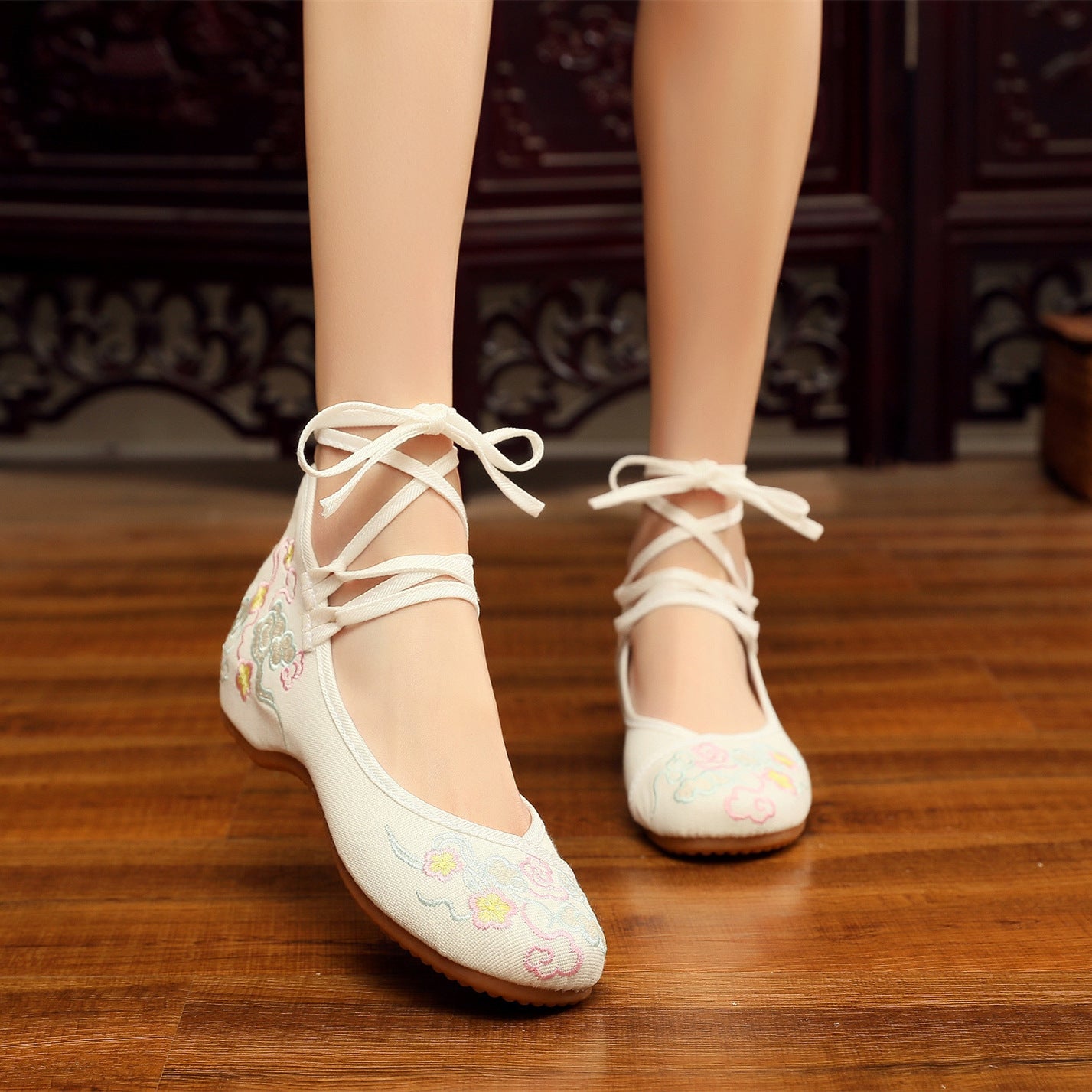 Old Beijing Women's Embroidered Cloth Shoes Low Heel Antique Hanfu Shoes