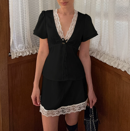 Old Money Style Lace Patchwork Waist-Cinching Short-Sleeve Short Dress Two-Piece Set