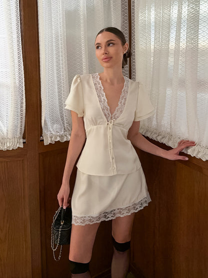 Old Money Style Lace Patchwork Waist-Cinching Short-Sleeve Short Dress Two-Piece Set