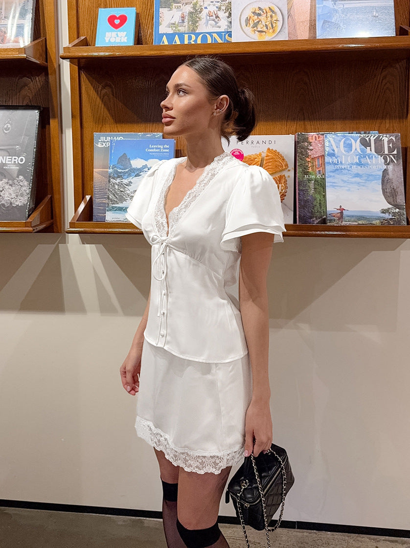 Old Money Style Lace Patchwork Waist-Cinching Short-Sleeve Short Dress Two-Piece Set