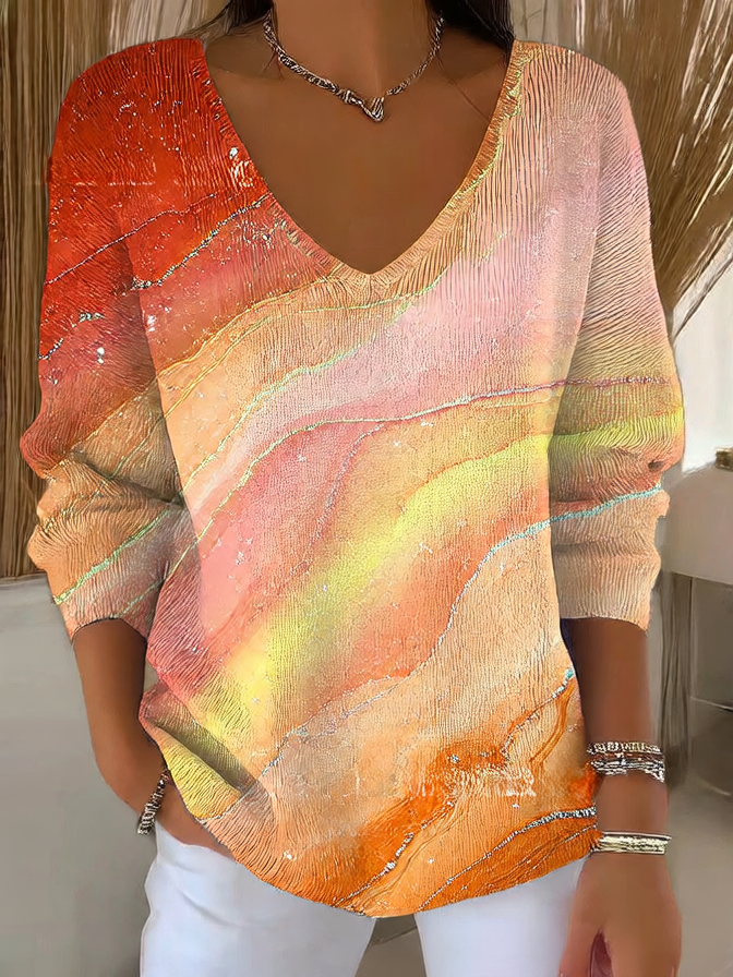 Ombre V-Neck Long Sleeve Top