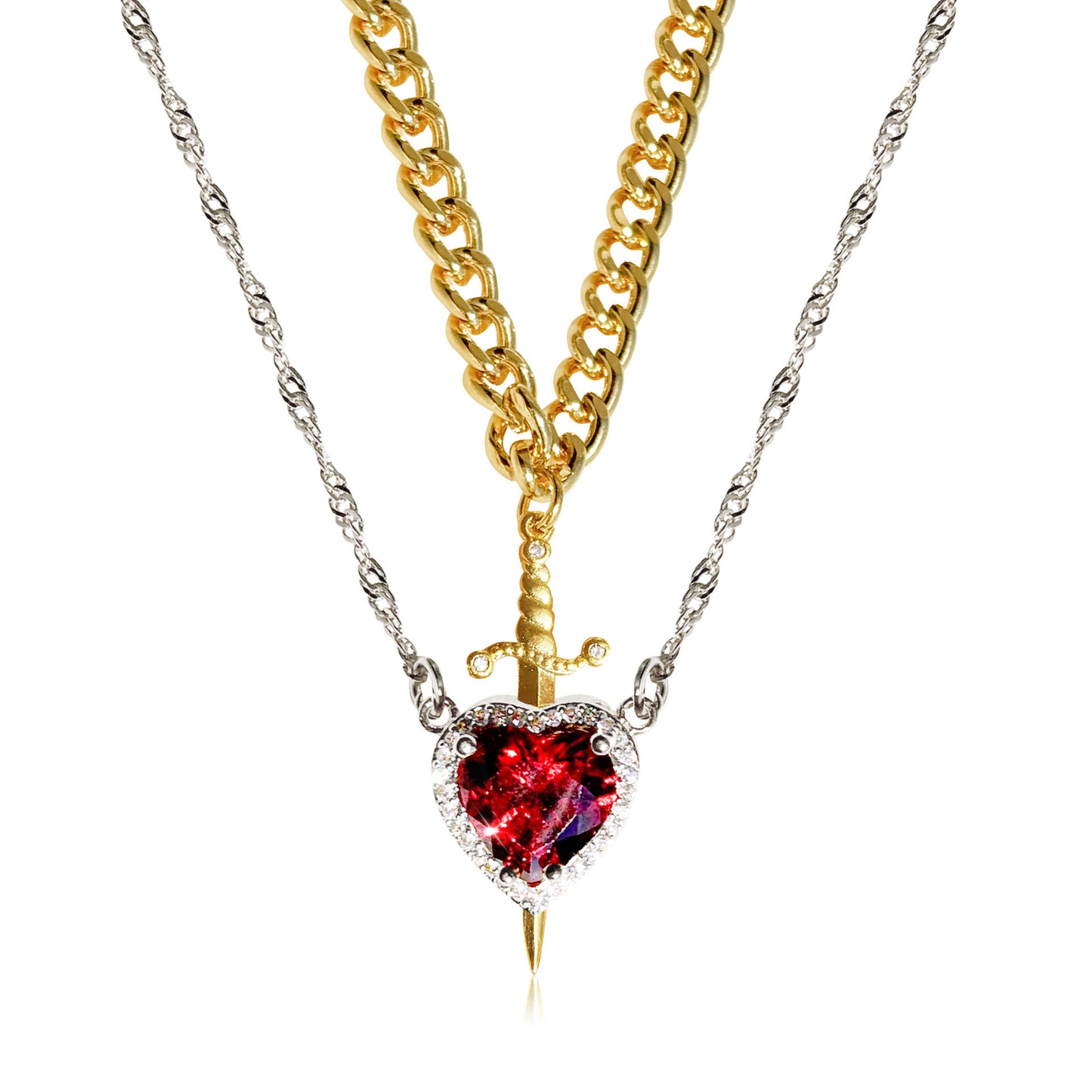 One Arrow Through Heart Ruby Zircon Necklace