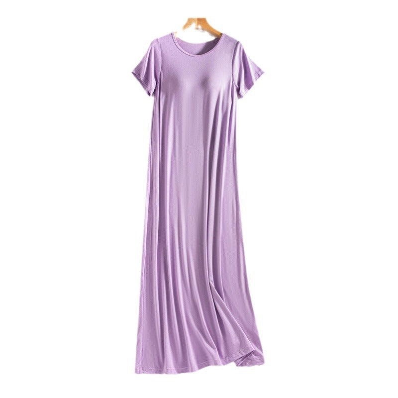 One-piece, frameless, bras free, long casual short-sleeved nightgown