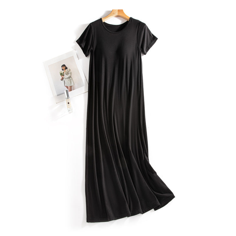 One-piece, frameless, bras free, long casual short-sleeved nightgown