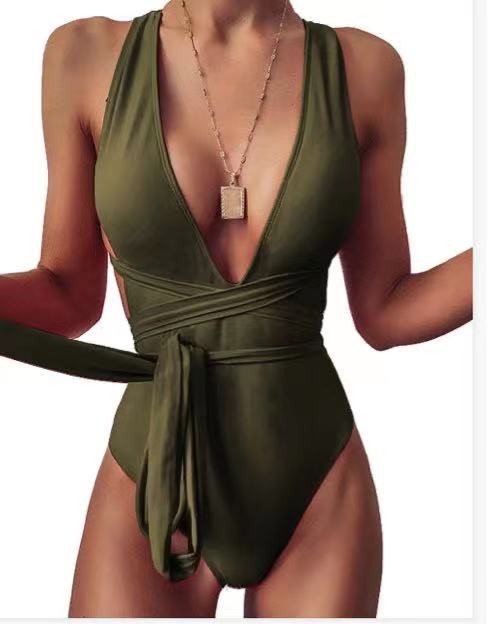 One-piece solid color deep V swimsuit