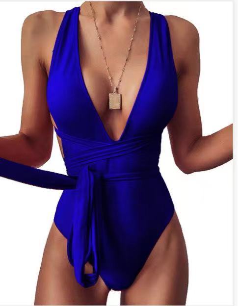 One-piece solid color deep V swimsuit