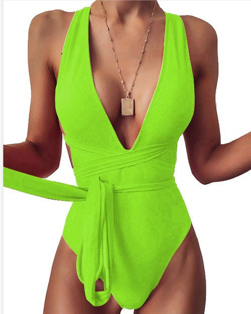 One-piece solid color deep V swimsuit