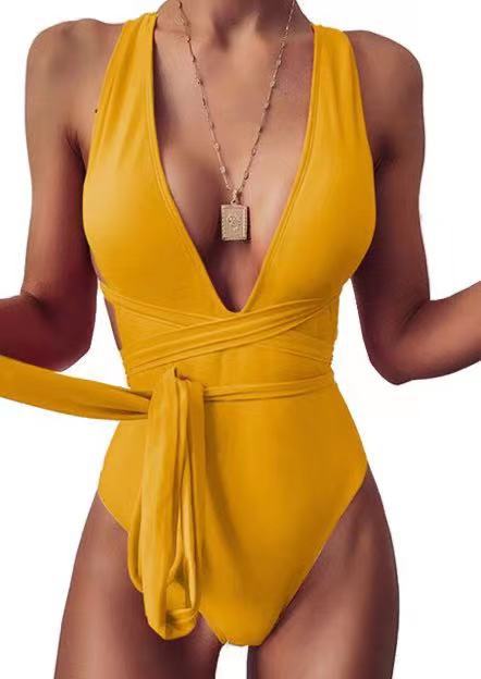 One-piece solid color deep V swimsuit