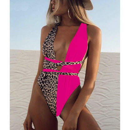 One-piece solid color deep V swimsuit