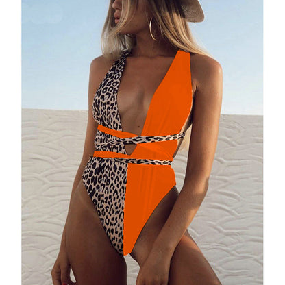 One-piece solid color deep V swimsuit