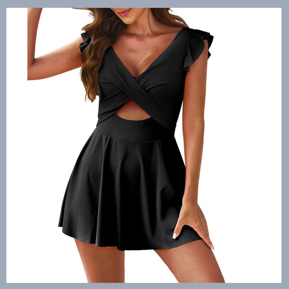 One-piece swimming suit with frilled cross-shaped skirt design