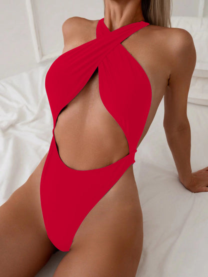 One-Piece Swimsuit with Tie Neck and Backless Design