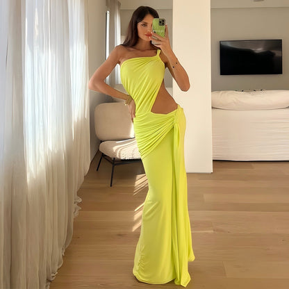 One Shoulder Backless Ruched Long Dress