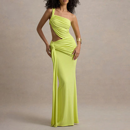 One Shoulder Backless Ruched Long Dress