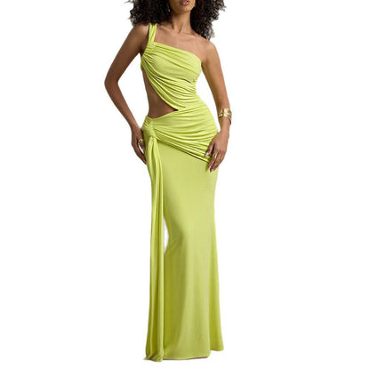 One Shoulder Backless Ruched Long Dress