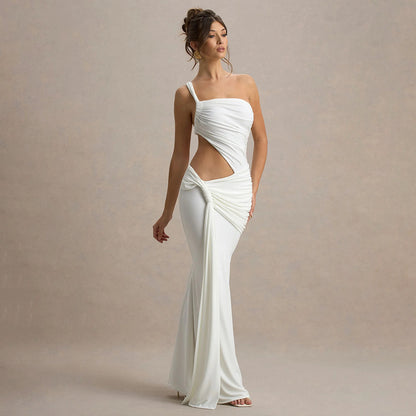 One Shoulder Backless Ruched Long Dress