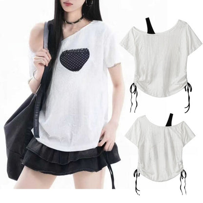One Shoulder Distressed Lace T-Shirt