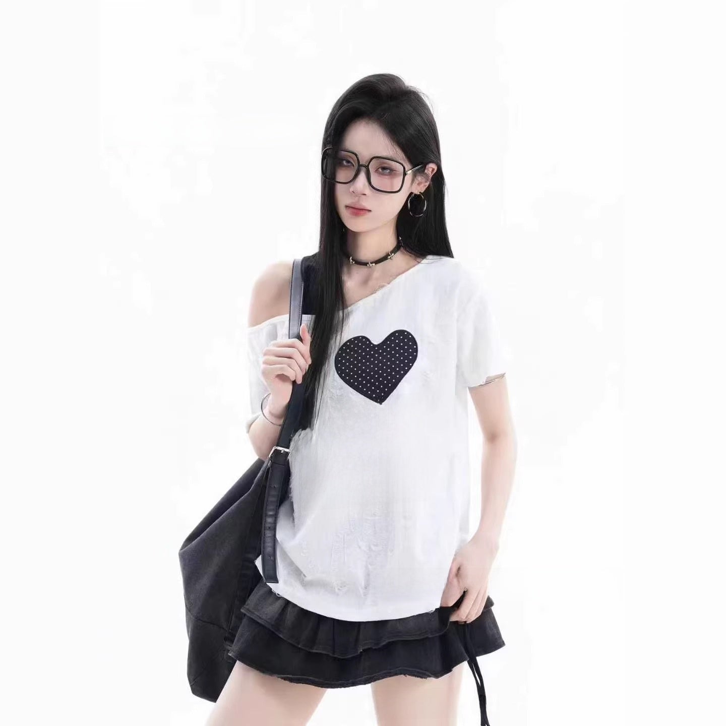 One Shoulder Distressed Lace T-Shirt