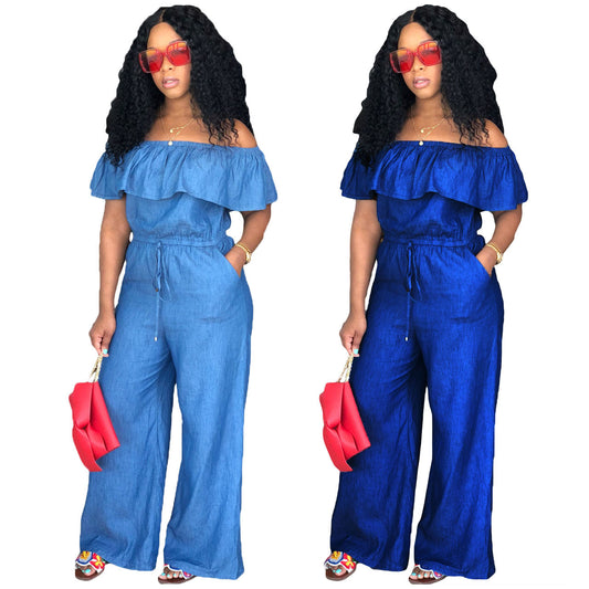 One-shoulder loose denim jumpsuit