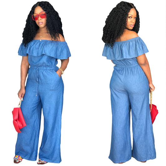 One-shoulder loose denim jumpsuit