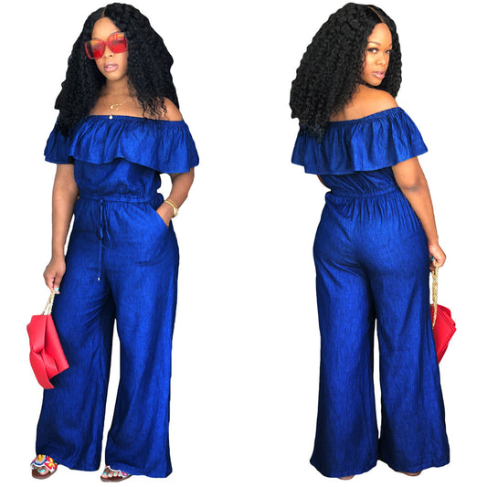 One-shoulder loose denim jumpsuit