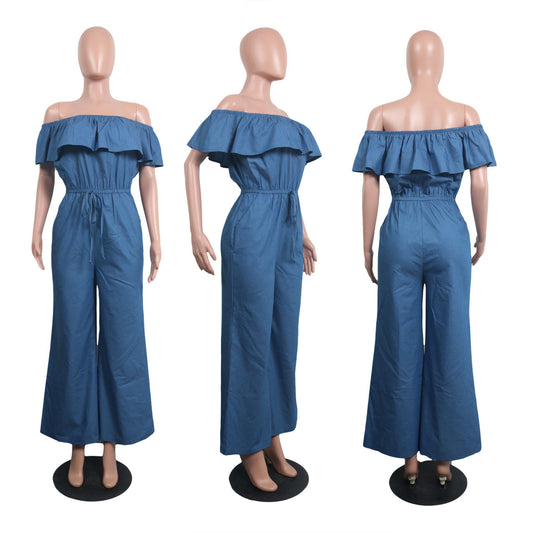 One-shoulder loose denim jumpsuit