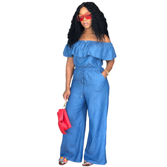 One-shoulder loose denim jumpsuit