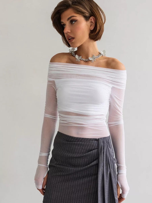 One-shoulder netted long-sleeved top