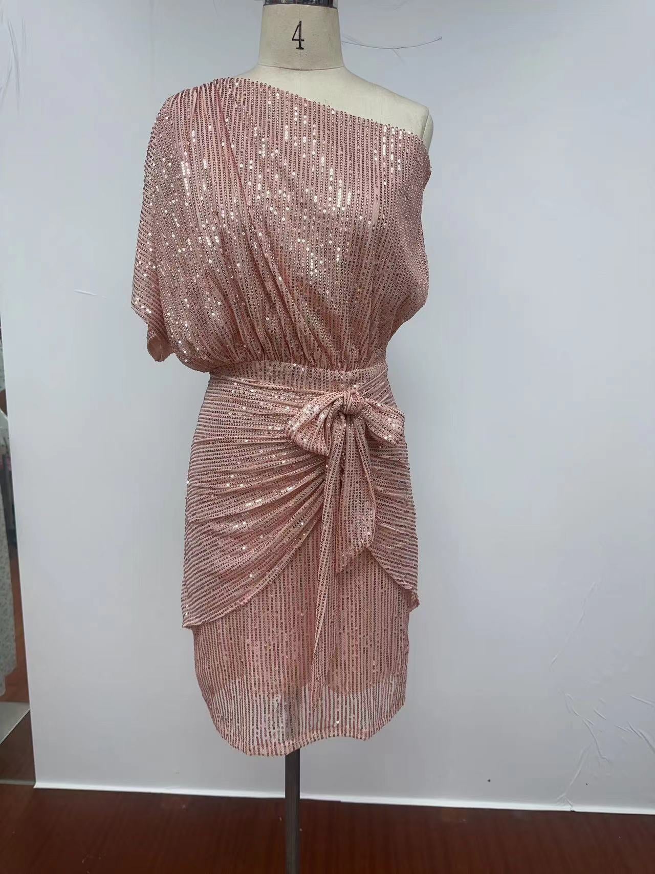 One-Shoulder Pleated Gown