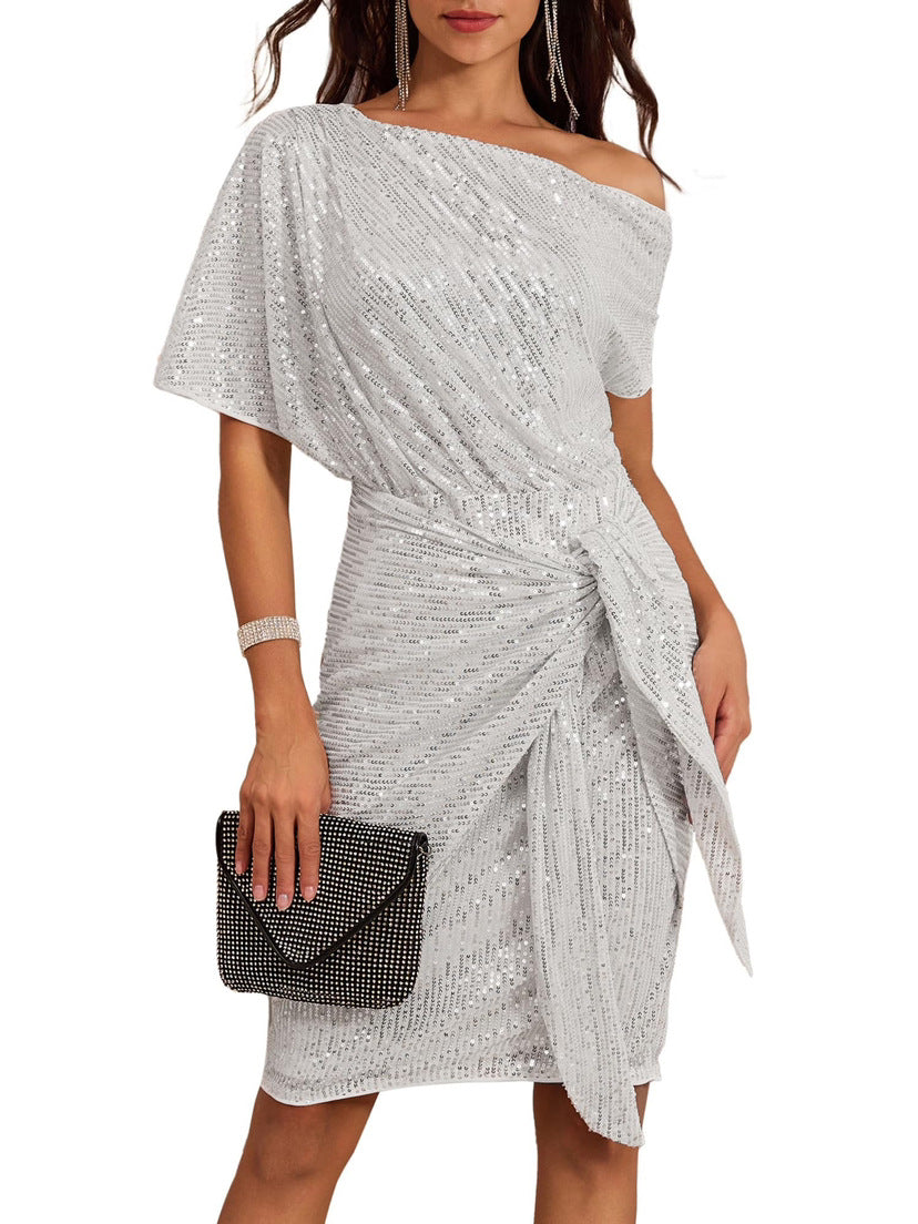 One-Shoulder Pleated Gown
