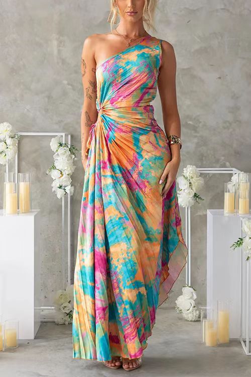 One Shoulder Pleated Print Dress