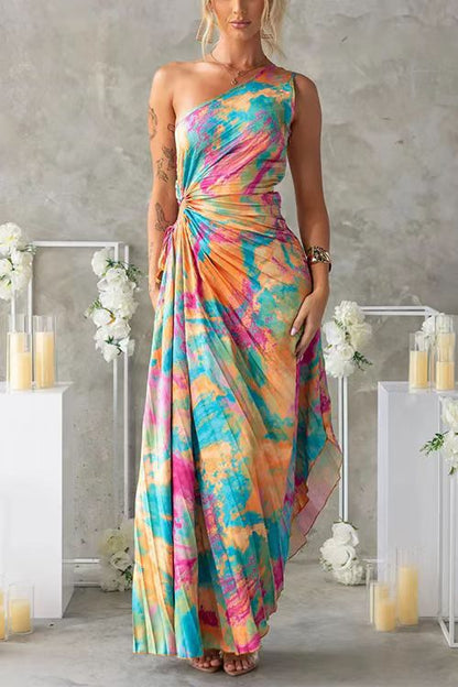 One Shoulder Pleated Print Dress