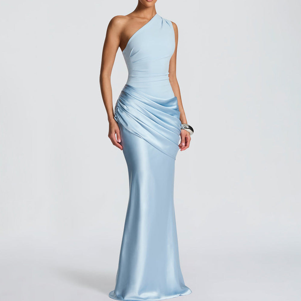 One-Shoulder Pleated Satin Long Dress