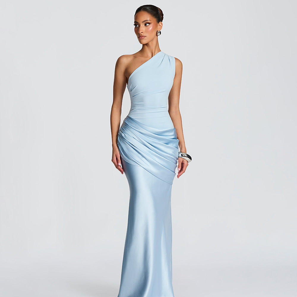 One-Shoulder Pleated Satin Long Dress