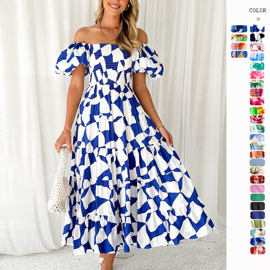 One-shoulder printed puffed-sleeve dress