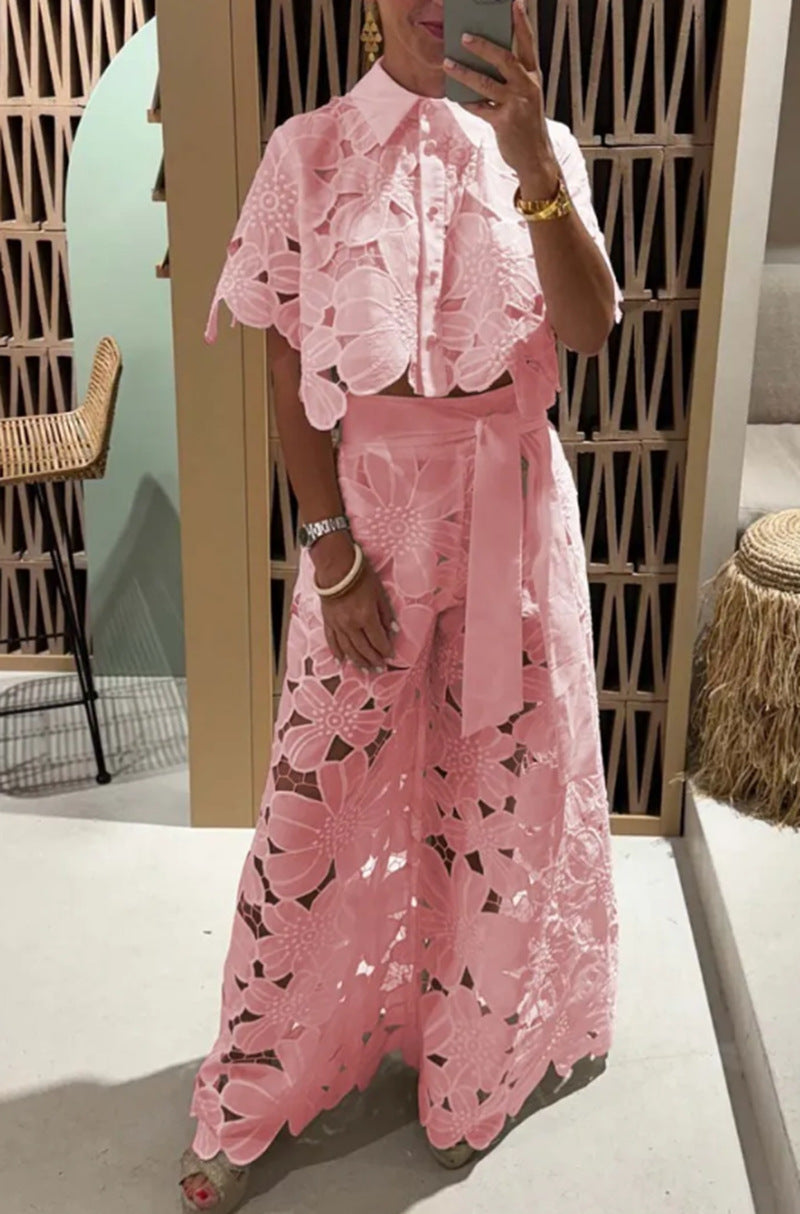 Open-necked sweater, wide-leg pants set