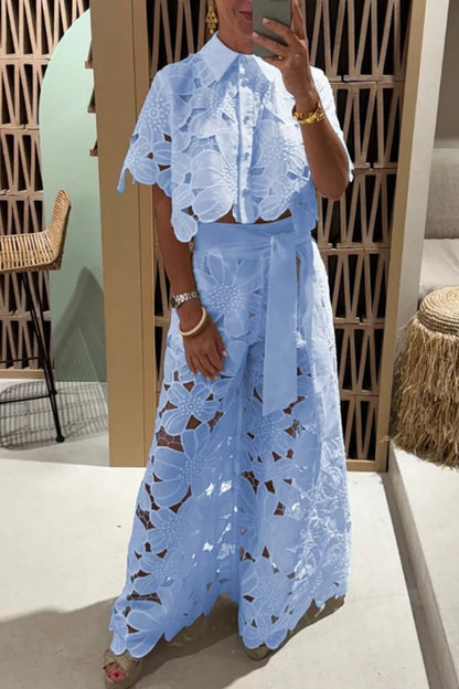Open-necked sweater, wide-leg pants set