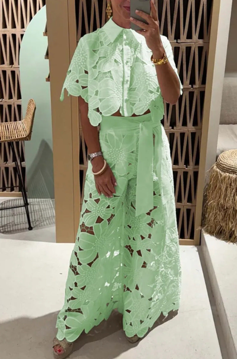 Open-necked sweater, wide-leg pants set