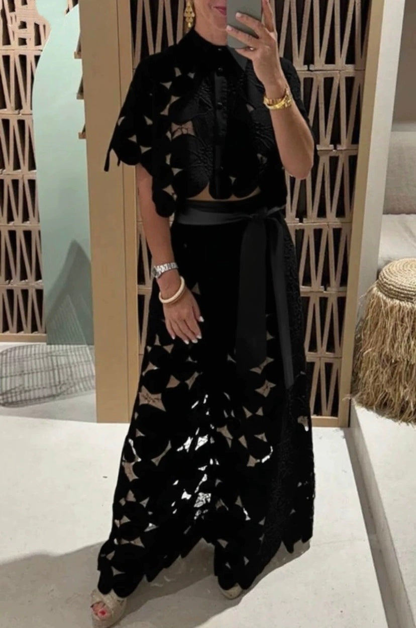 Open-necked sweater, wide-leg pants set